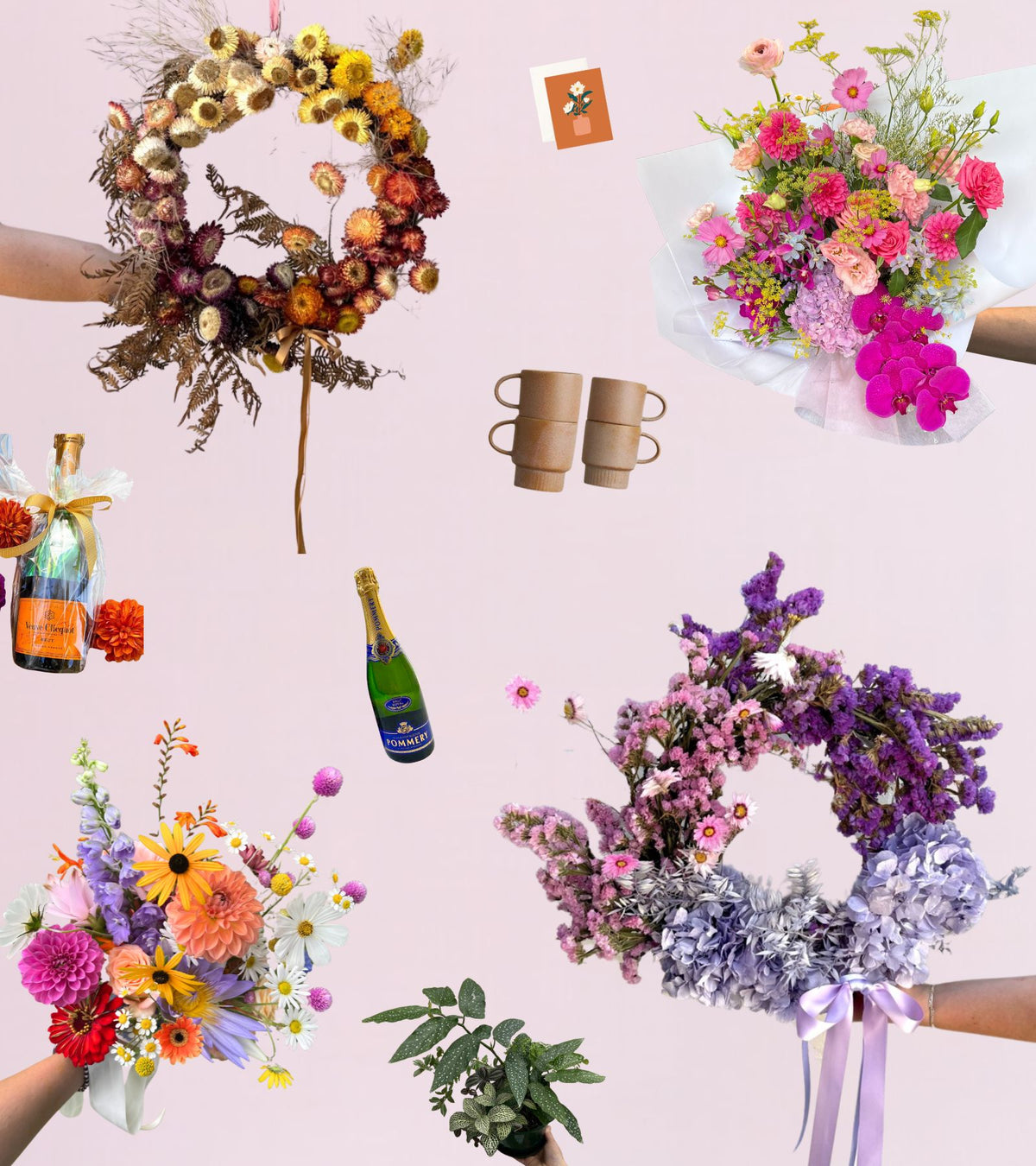 colourful christmas wreaths and flowers with gift ideas