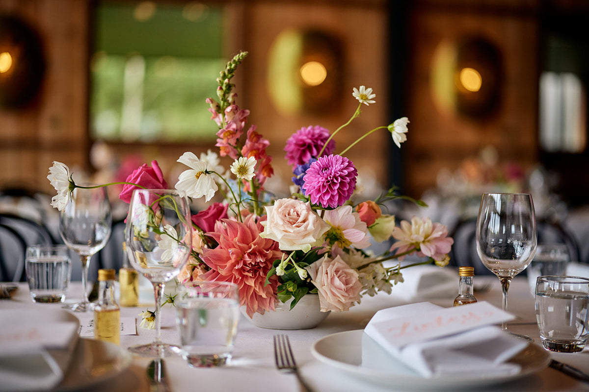 Hanging floral chandeliers over the reception at The Stables, Bendooley Estate