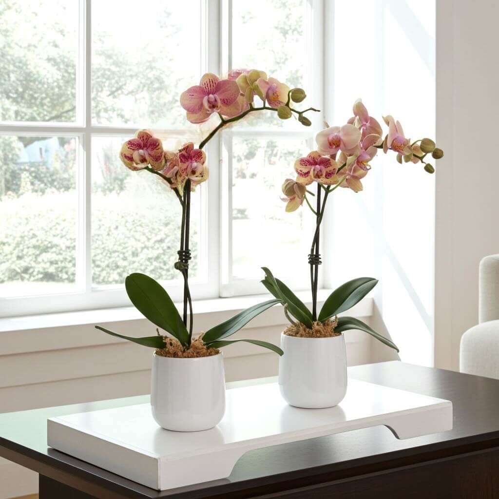 couple of orchid plants potted in white ceramic vase near window inside home